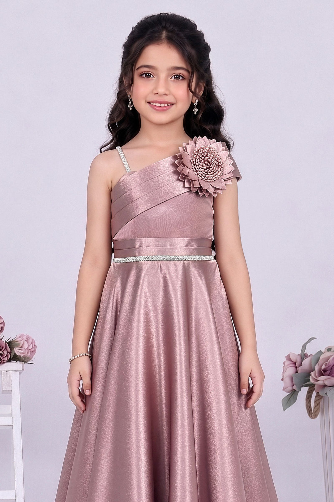 Rosy Peach One-Shoulder Flared Gown with Flower Applique for Girls
