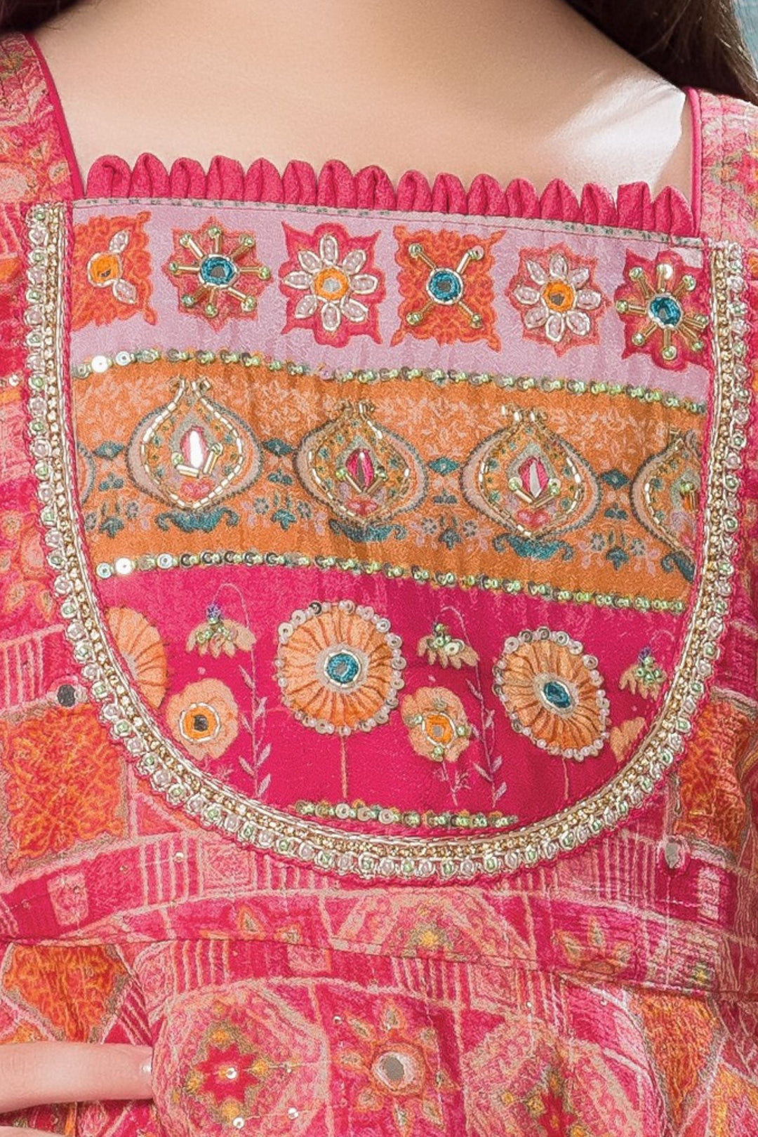 Tomato with Orange Beads, Sequins, Mirror and Zari work Dhoti Style Peplum Kurti for Girls