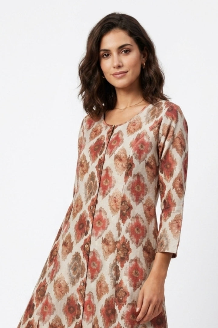 Beige with Red Digital Print A-Line Cut Calf Length Kurti