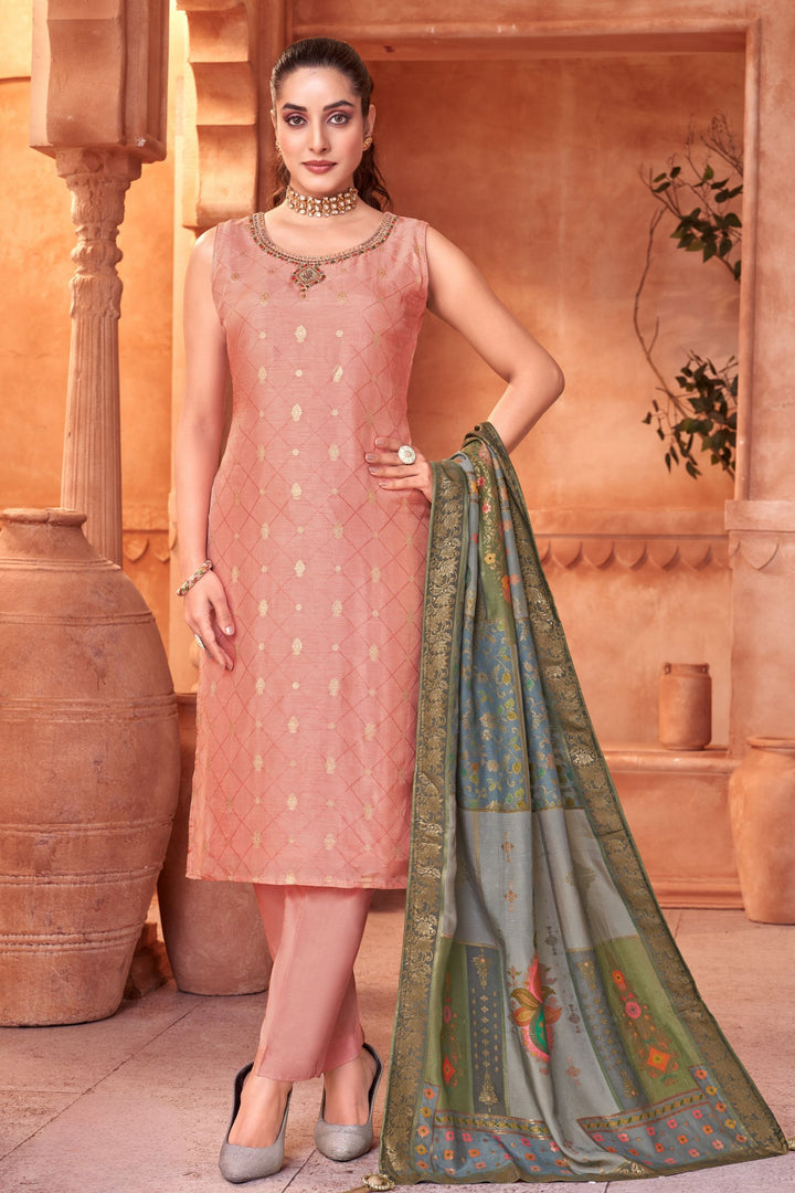 Peach Banaras, Thread, Mirror and Zardozi work Straight Cut Salwar Suit