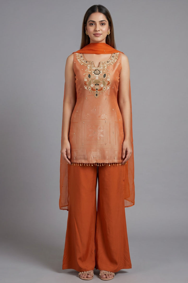 Orange Zardozi, Stone, Sequins, Beads and Thread work Palazzo Salwar Suit
