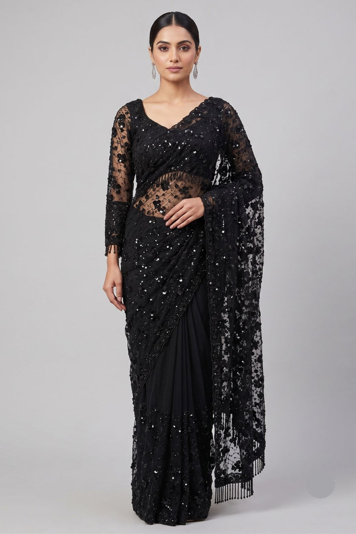 Black Beads and Sequins work Saree with Designer Blouse