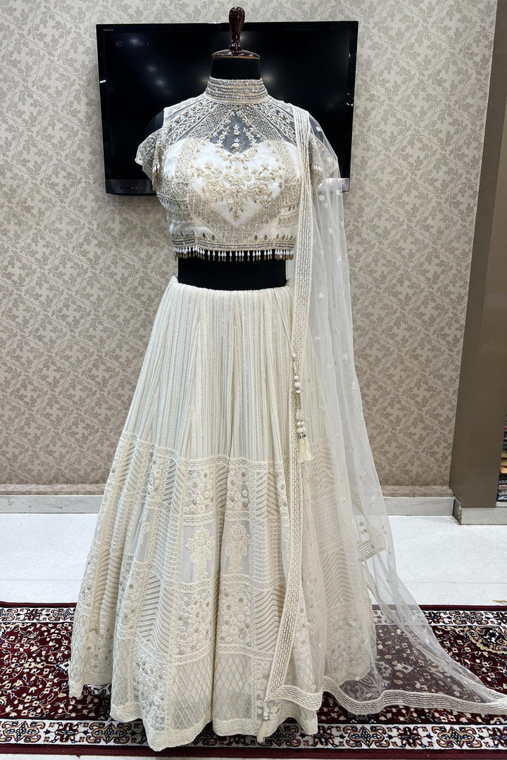 Cream Stone, Pearl, Lucknowi and Zari work Crop Top Lehenga - Seasons Chennai