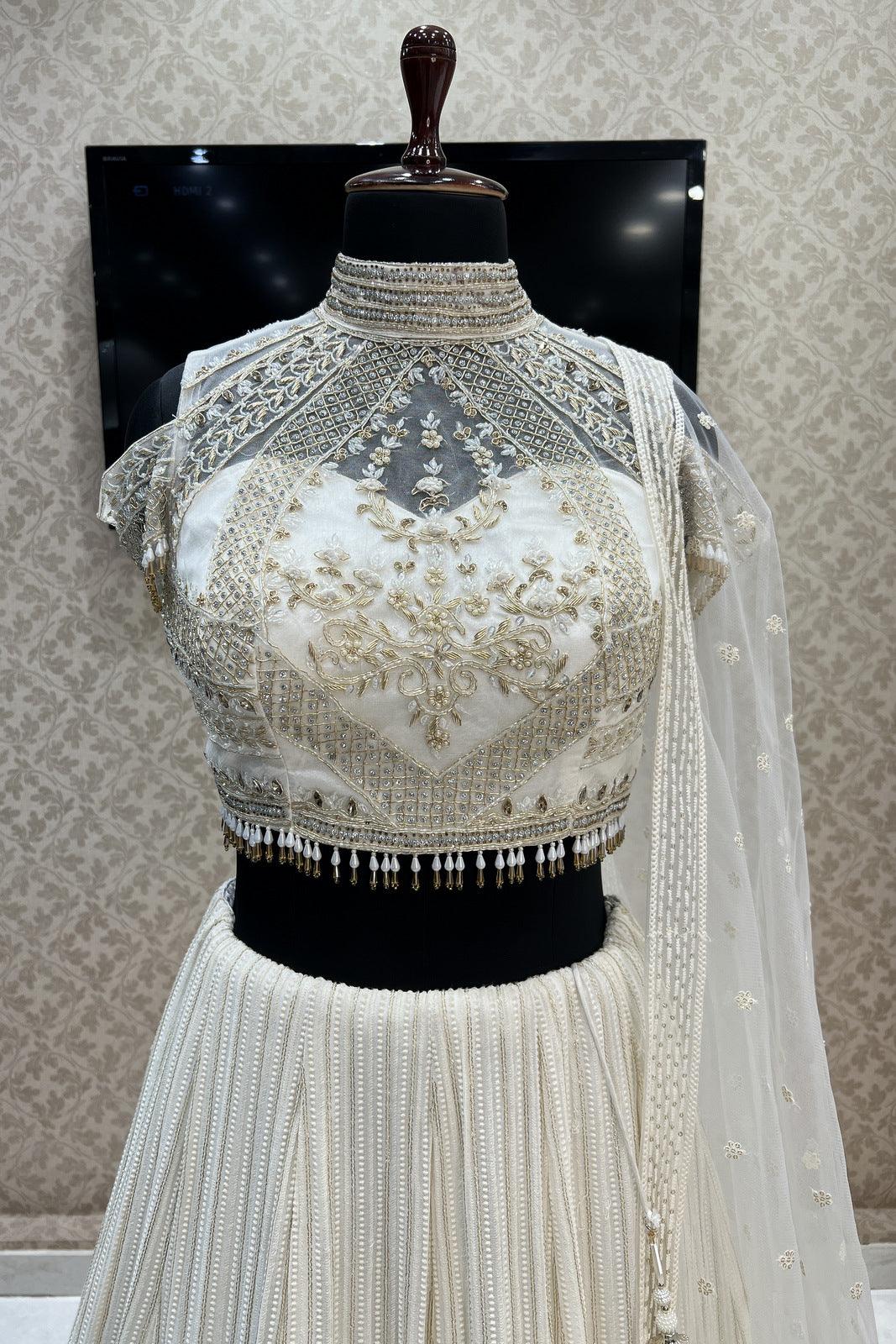 Cream Stone, Pearl, Lucknowi and Zari work Crop Top Lehenga - Seasons Chennai