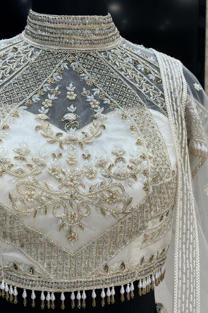 Cream Stone, Pearl, Lucknowi and Zari work Crop Top Lehenga - Seasons Chennai