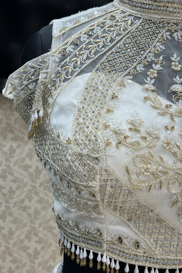 Cream Stone, Pearl, Lucknowi and Zari work Crop Top Lehenga - Seasons Chennai