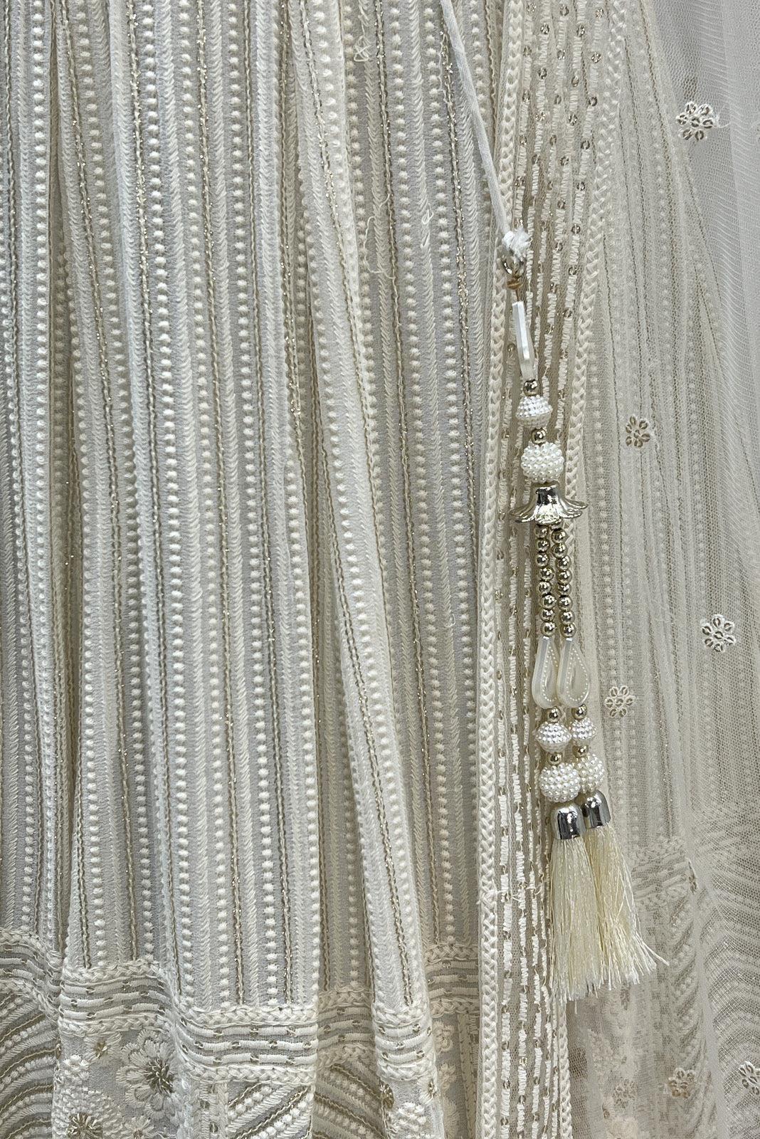 Cream Stone, Pearl, Lucknowi and Zari work Crop Top Lehenga - Seasons Chennai