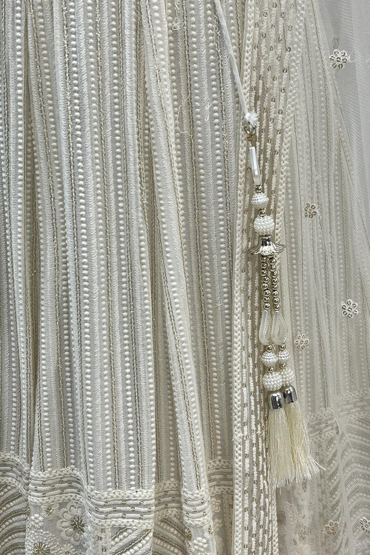 Cream Stone, Pearl, Lucknowi and Zari work Crop Top Lehenga - Seasons Chennai