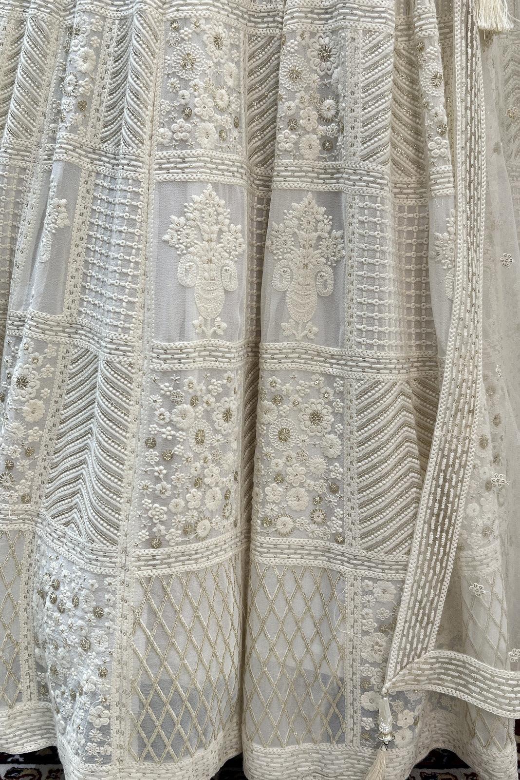 Cream Stone, Pearl, Lucknowi and Zari work Crop Top Lehenga - Seasons Chennai