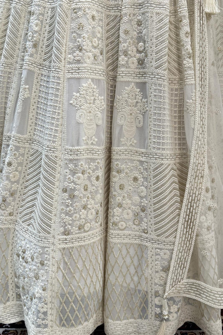 Cream Stone, Pearl, Lucknowi and Zari work Crop Top Lehenga - Seasons Chennai