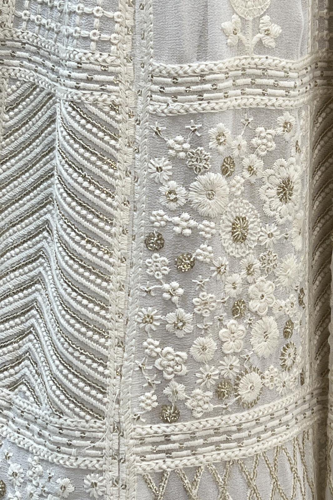 Cream Stone, Pearl, Lucknowi and Zari work Crop Top Lehenga - Seasons Chennai