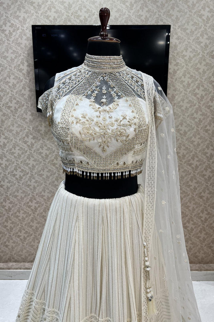 Cream Stone, Pearl, Lucknowi and Zari work Crop Top Lehenga - Seasons Chennai
