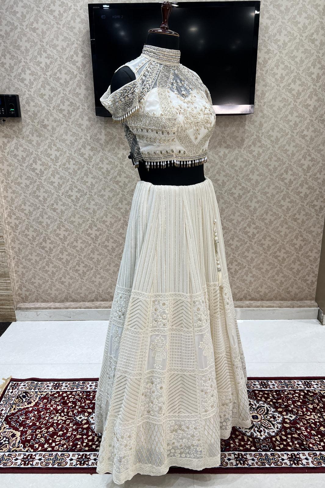 Cream Stone, Pearl, Lucknowi and Zari work Crop Top Lehenga - Seasons Chennai