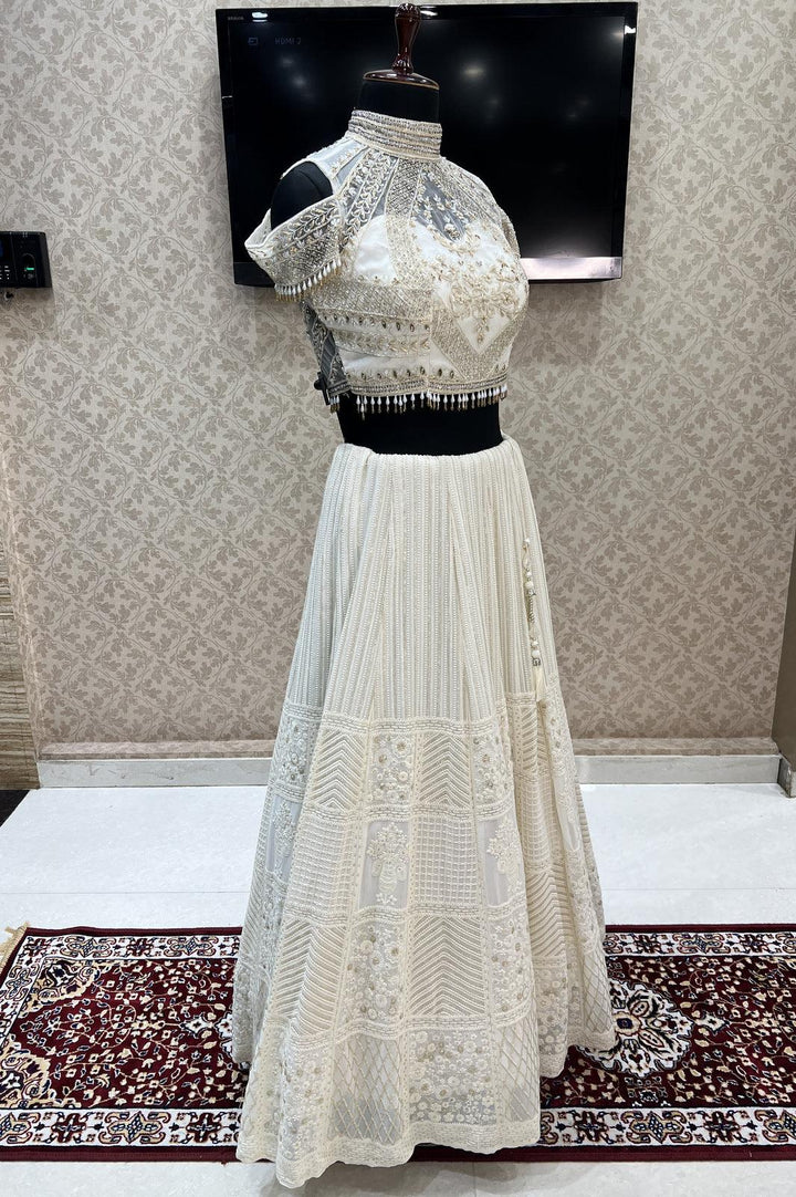 Cream Stone, Pearl, Lucknowi and Zari work Crop Top Lehenga - Seasons Chennai