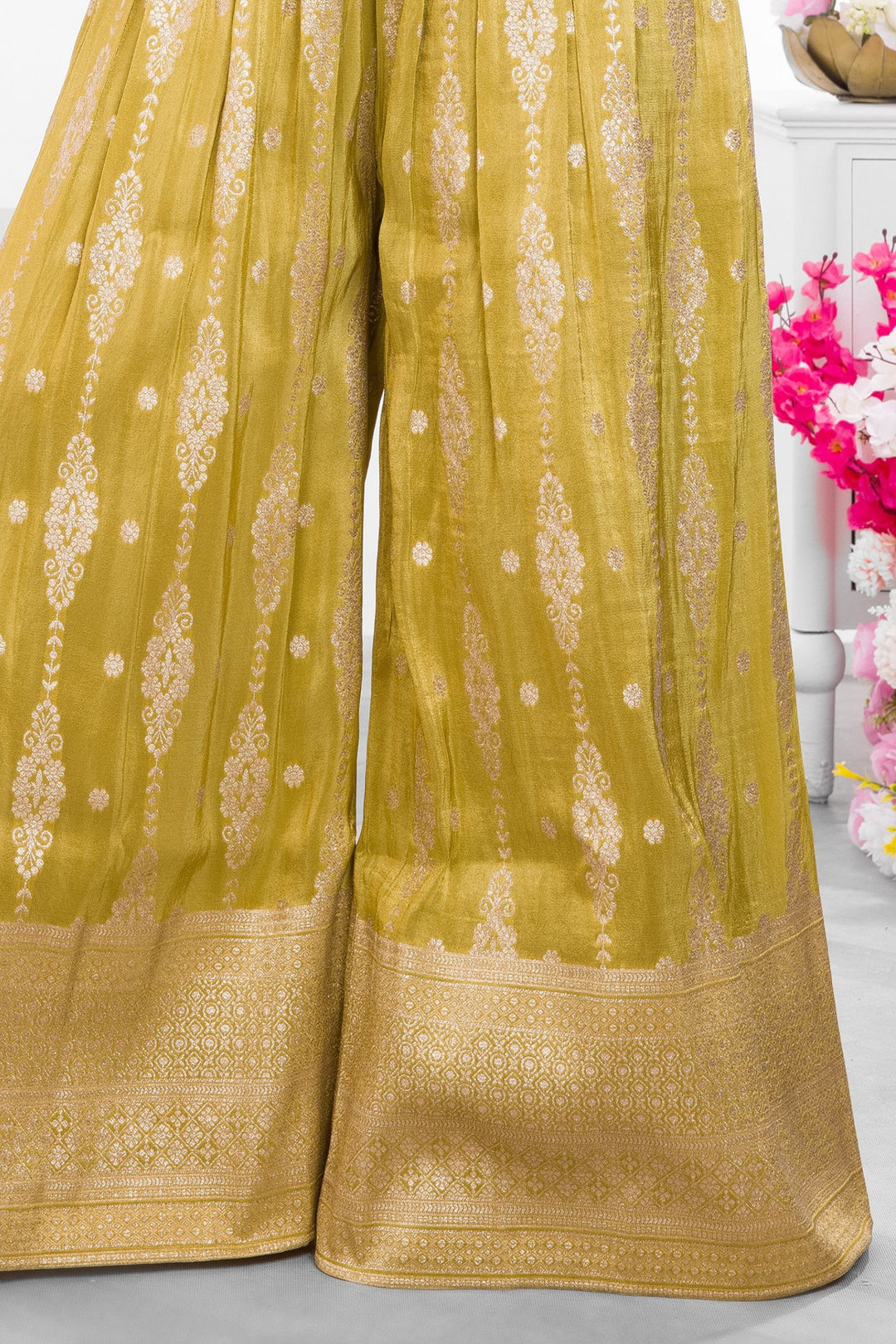 Mehendi Green Zari, Sequins and Beads work Palazzo Suit Set for Girls