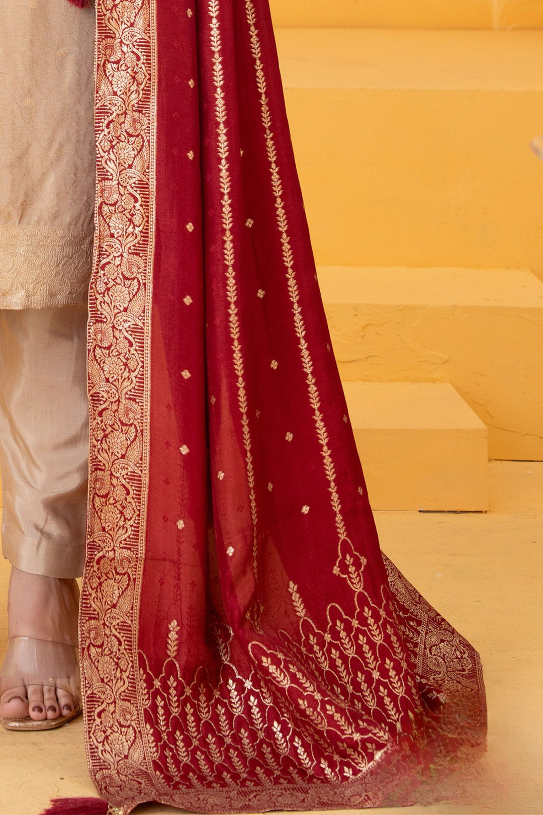 Beige Beads, Stone and Zardozi work Straight Cut Salwar Suit with Banaras work Dupatta