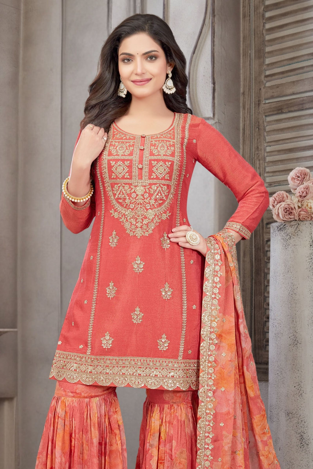 Tomato Red Zari and Sequins work with Digital Print Palazzo Salwar Suit