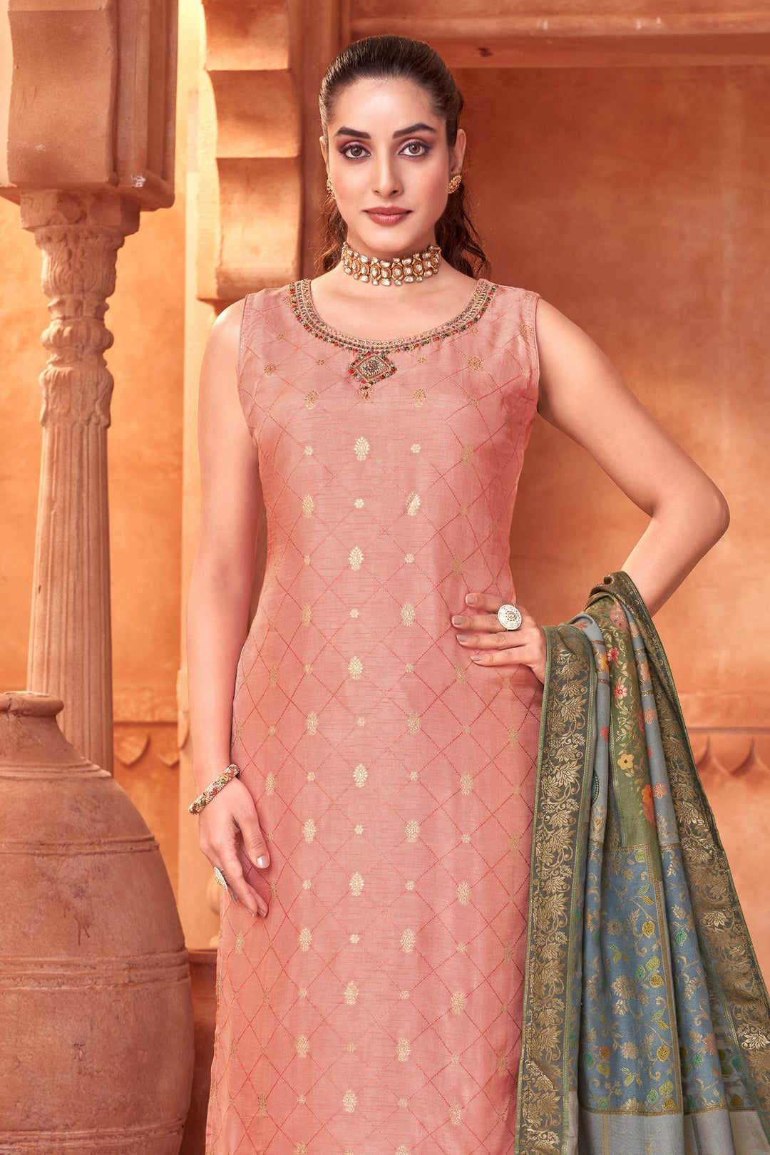 Peach Banaras, Thread, Mirror and Zardozi work Straight Cut Salwar Suit