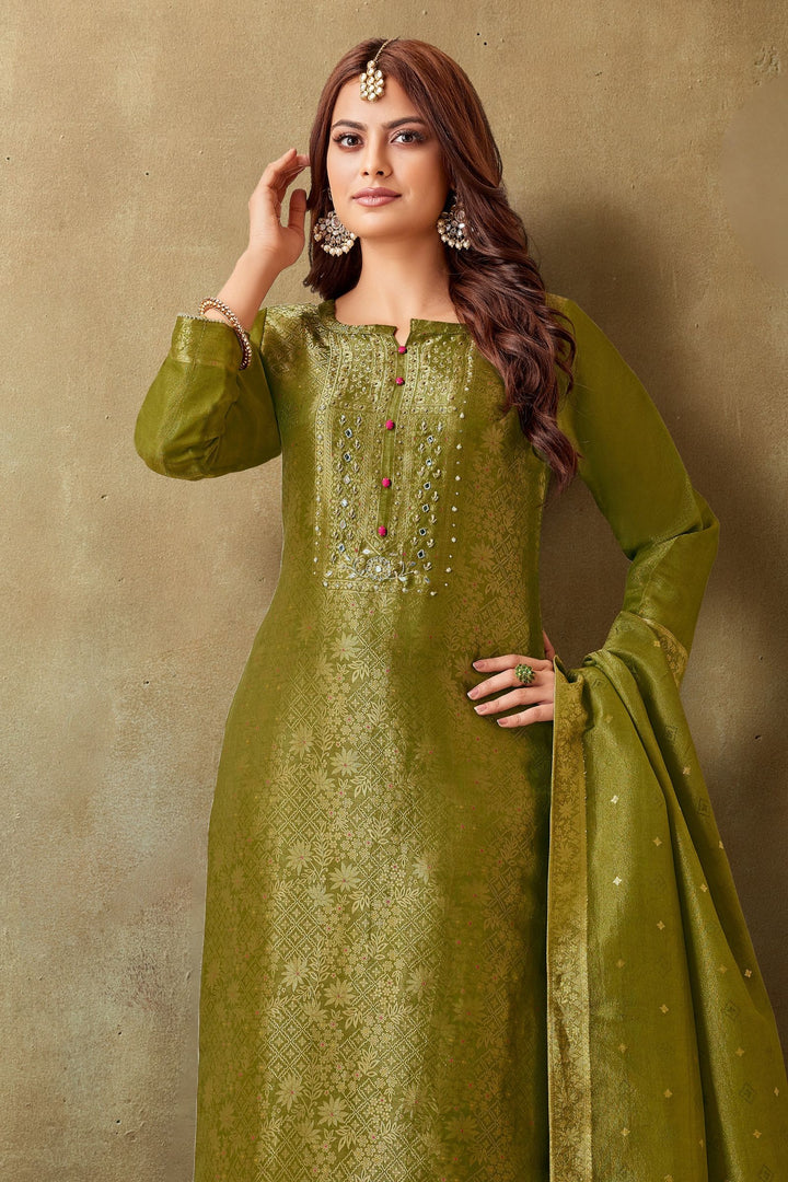 Mehendi Green Mirror, Zardozi, Beads and Brocade work Straight Cut Salwar Suit