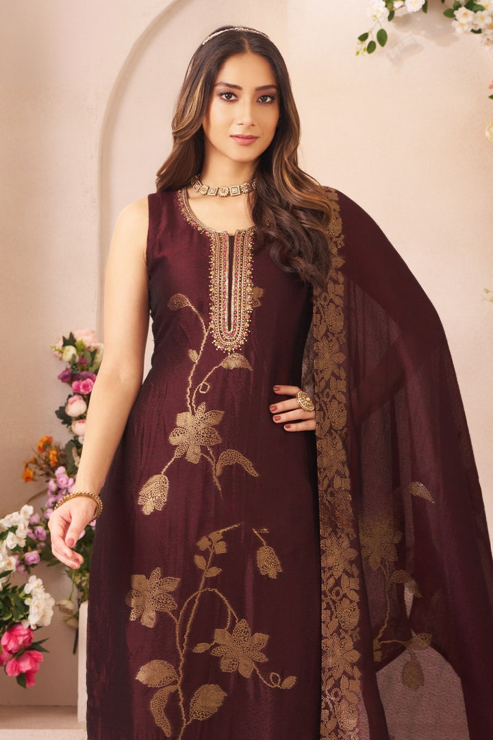 Dark Wine Banaras, Beads, Mirror and Stone work Straight Cut Salwar Suit