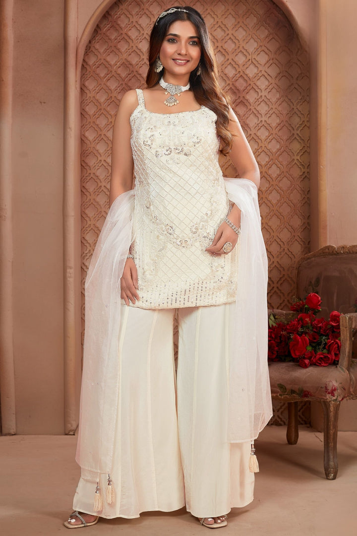 Cream Sequins and Beads work Palazzo Salwar Suit