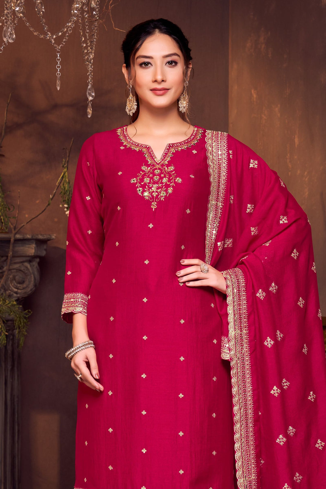 Red Sequins, Zari, Mirror, Zardozi, Beads and Pearls work Straight Cut Salwar Suit