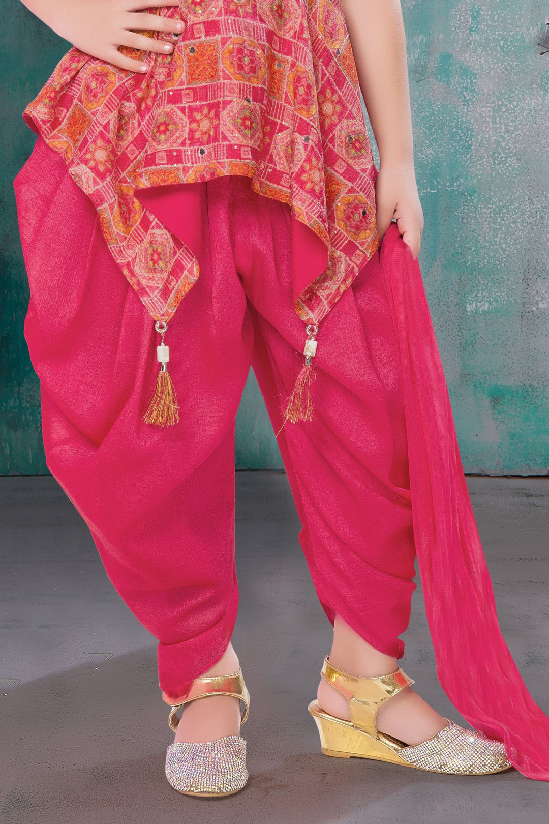 Tomato with Orange Beads, Sequins, Mirror and Zari work Dhoti Style Peplum Kurti for Girls