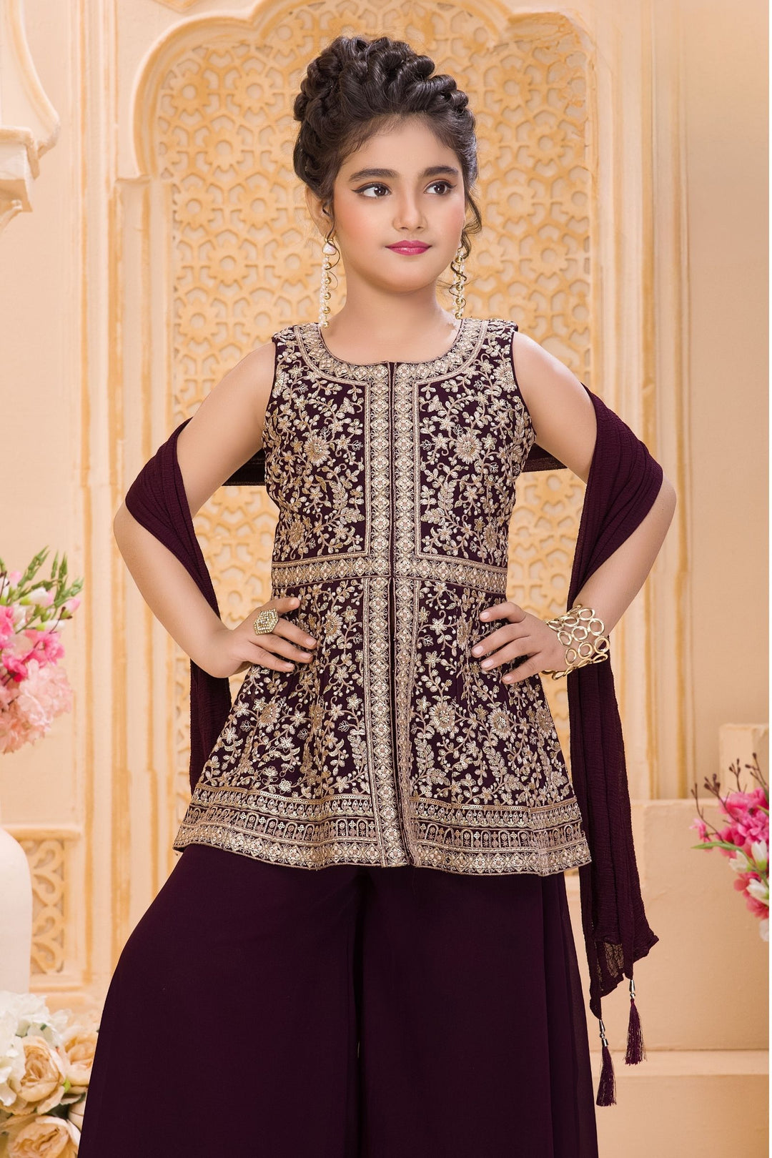 Wine Zari and Sequins work Palazzo Suit Set for Girls