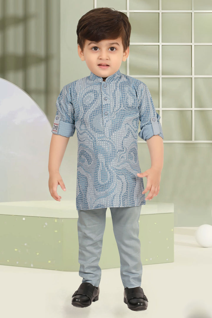 Light Blue Sequins and Thread work Kurta Set for Boys
