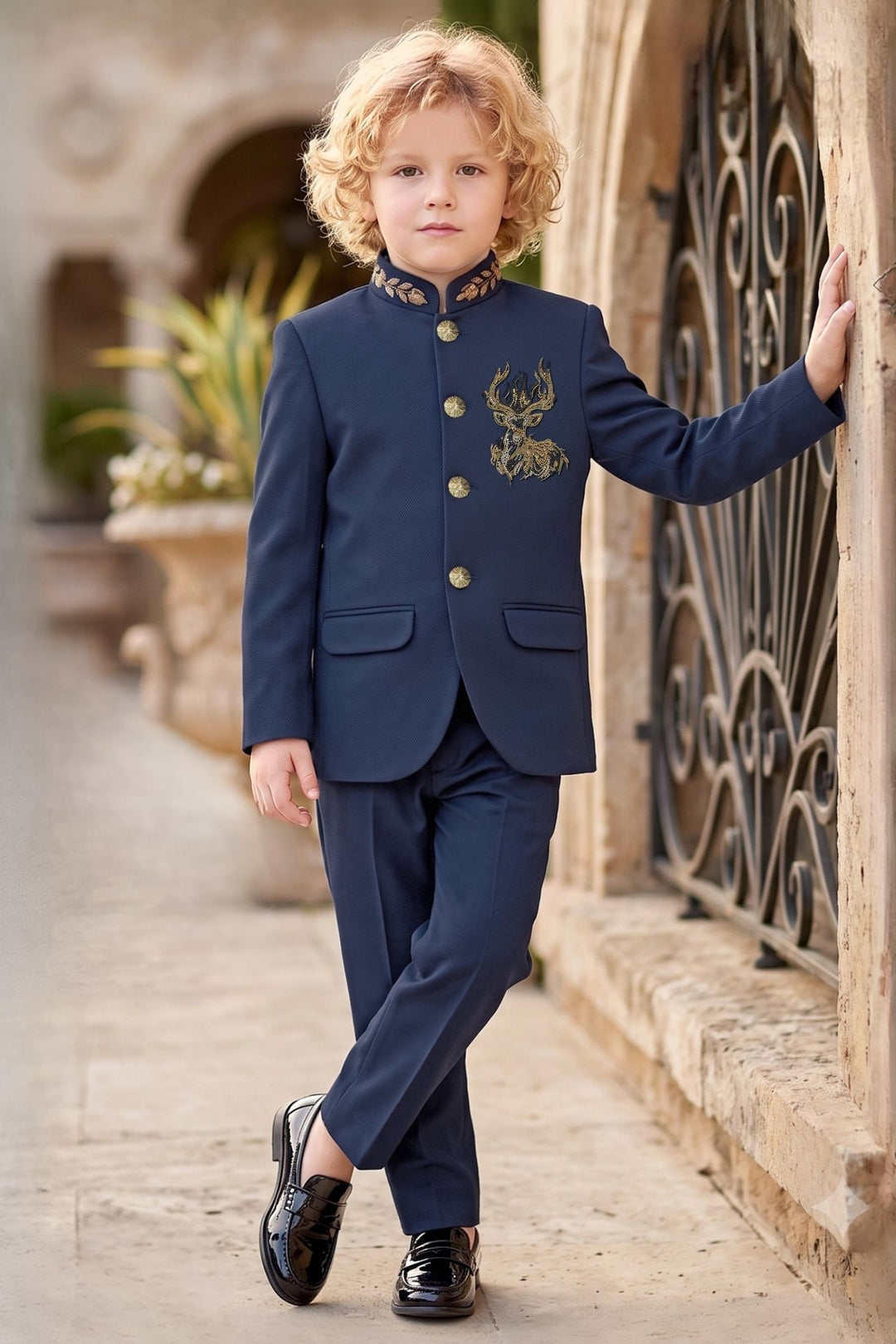 Navy Blue Deer Stone Motif Jodhpuri Suit for Boys