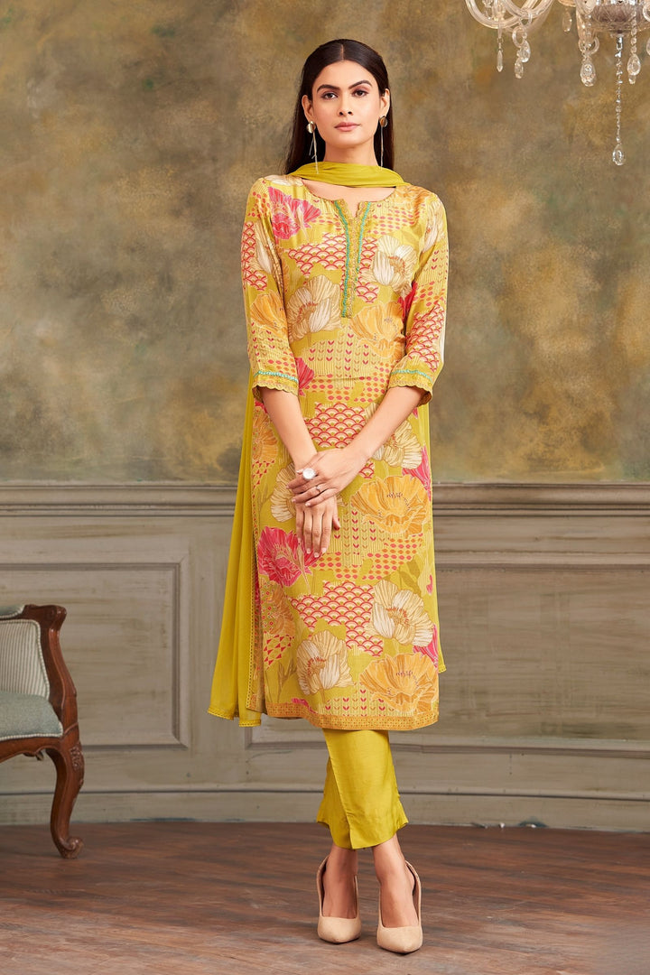 Lemon Green Floral Print and Lace work Straight Cut Salwar Suit