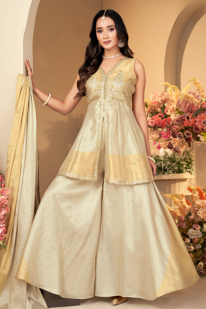 Gold with Beige Sequins and Zari work Peplum Top with Palazzo Suit Set
