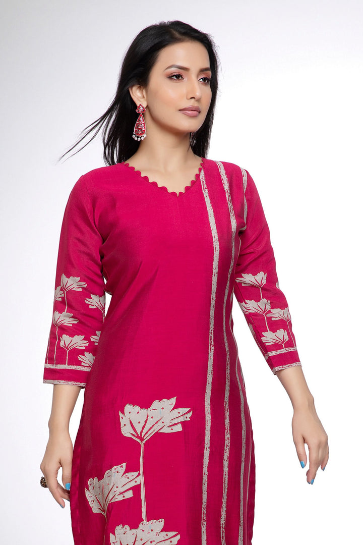 Dark Pink Zari and Thread work with Printed Calf Length Kurti