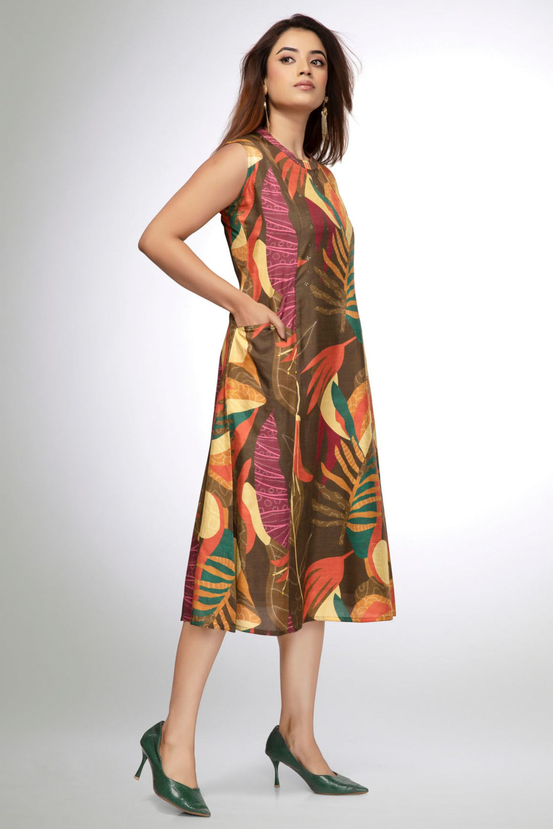 Multicolor Stone work with Digital Print A-Line Cut Calf Length Kurti