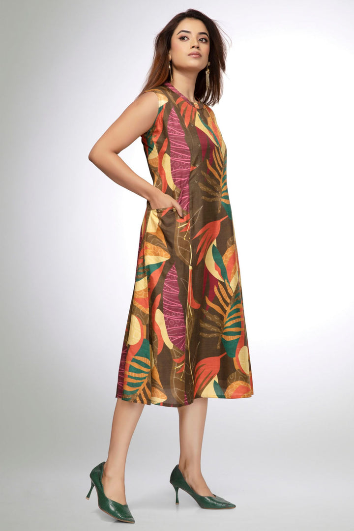 Multicolor Stone work with Digital Print A-Line Cut Calf Length Kurti