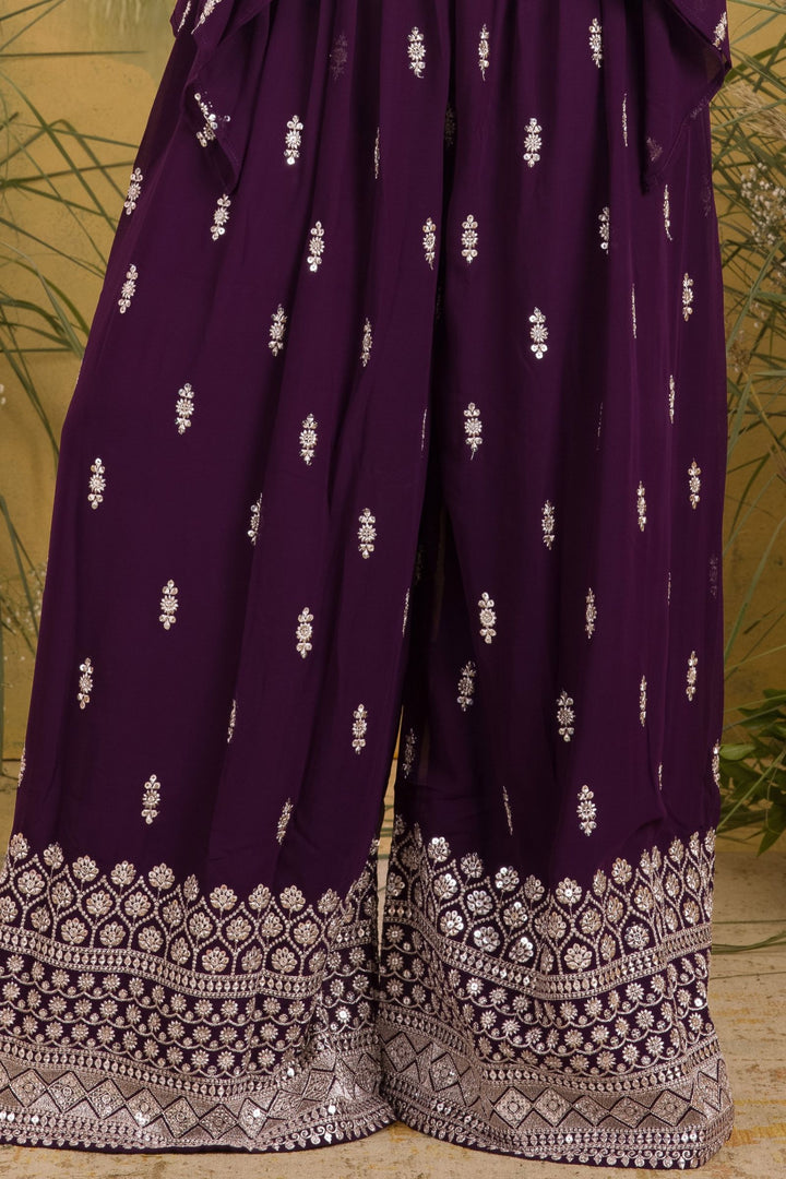 Dark Purple Sequins, Zari, Stone and Beads work Choli and Palazzo Set for Girls