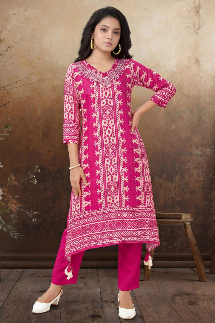 Rani Pink Mirror work with Digital Print Anarkali Styled Salwar Suit for Girls