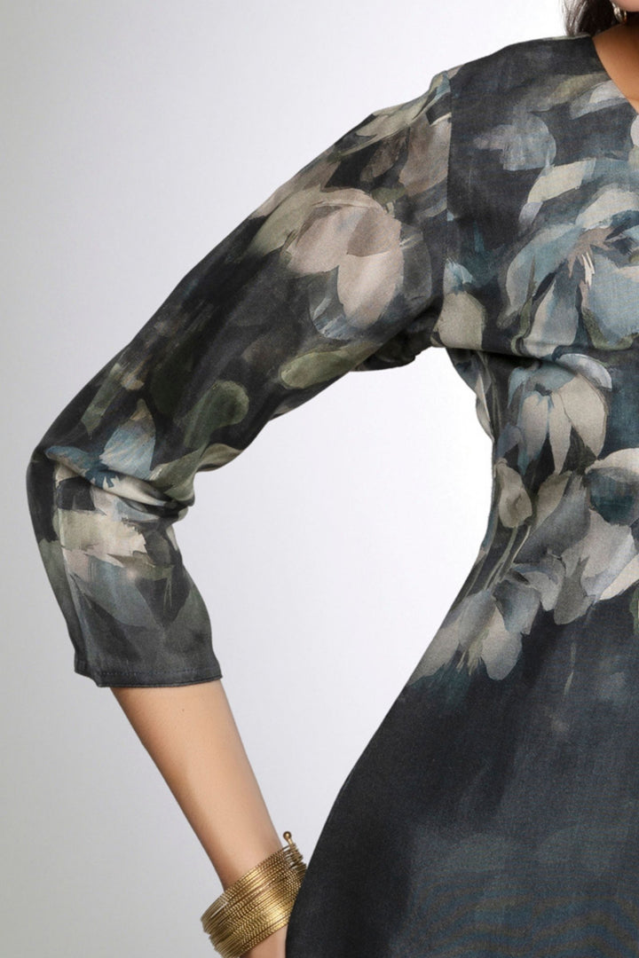 Dark Grey Floral Print Short Kurti
