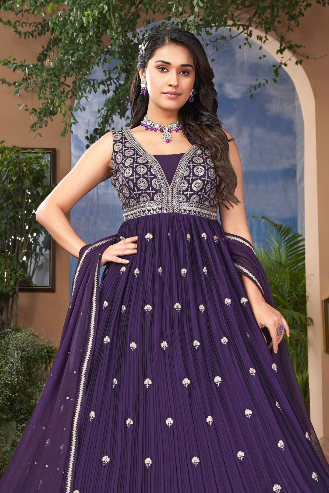 Dark Purple Thread, Zari and Sequins work Floor Length Anarkali Suit