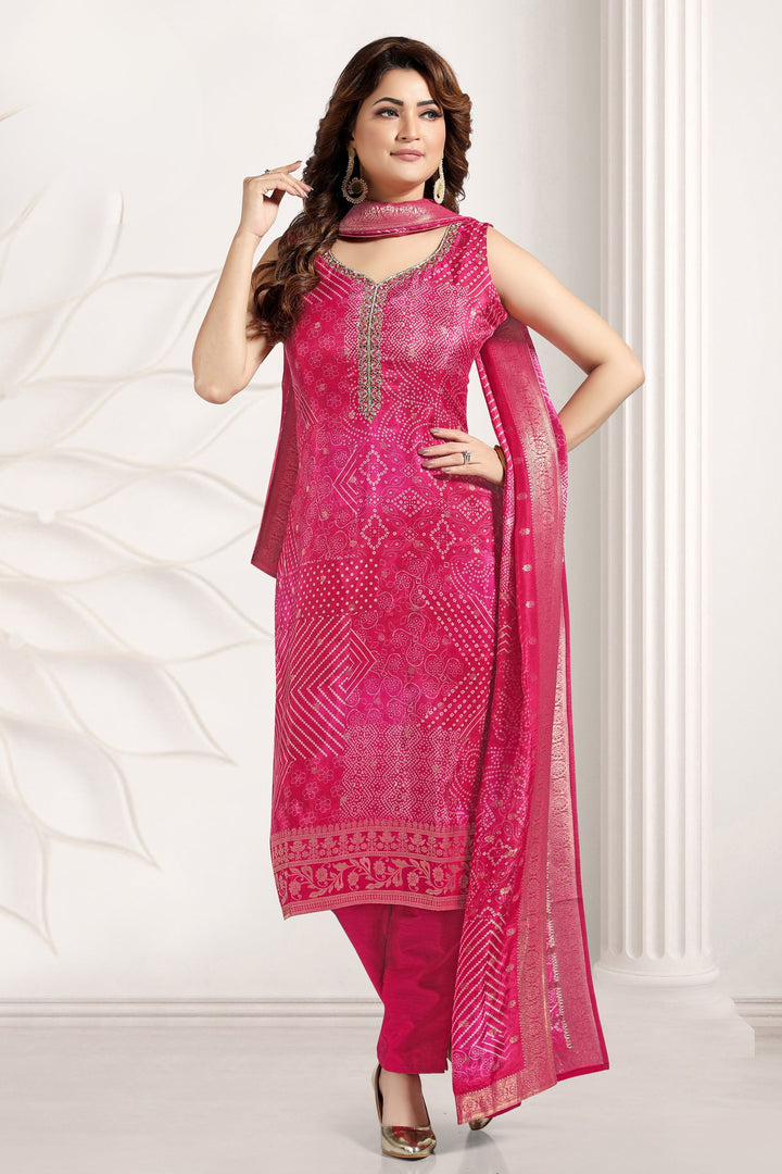Rani Pink Stone, Sequins and Zari work with Bandini Digital Print Straight Cut Salwar Suit