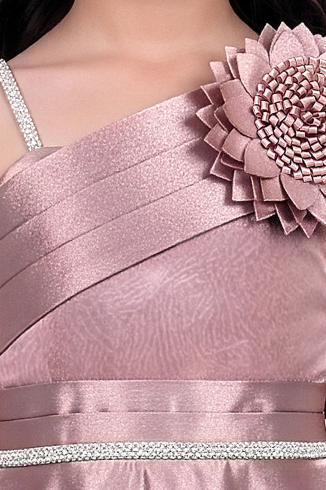 Rosy Peach One-Shoulder Flared Gown with Flower Applique for Girls