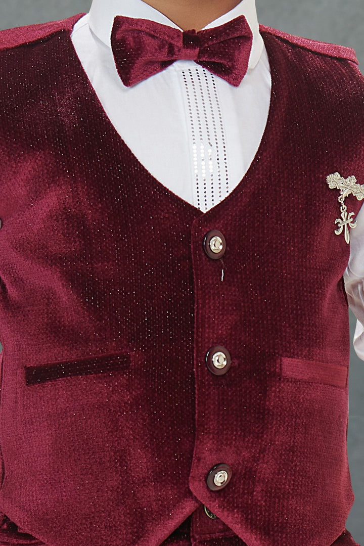 Maroon with White Waist Coat, Shirt and Suspender Style Pant Set for Boys