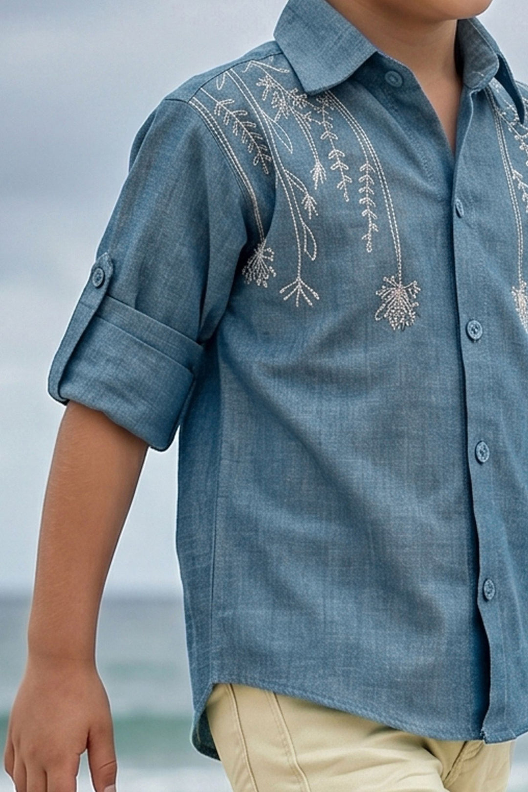 Blue Thread work Shirt and Beige Pant Set for Boys