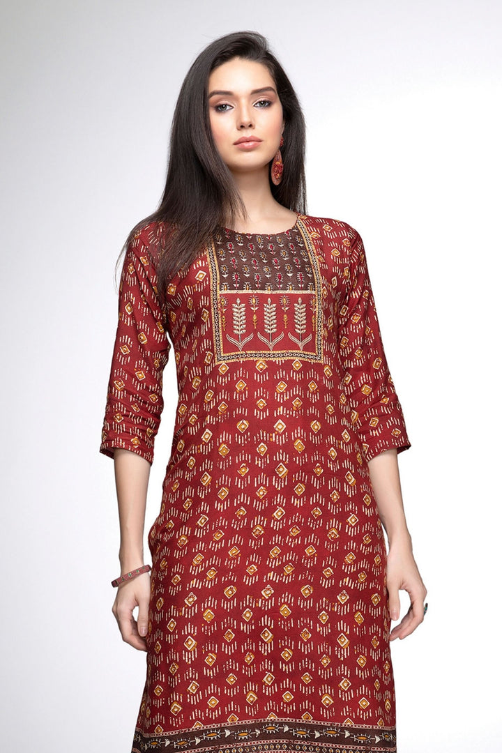 Brick Red with Coffee Brown Digital Print Calf Length Kurti