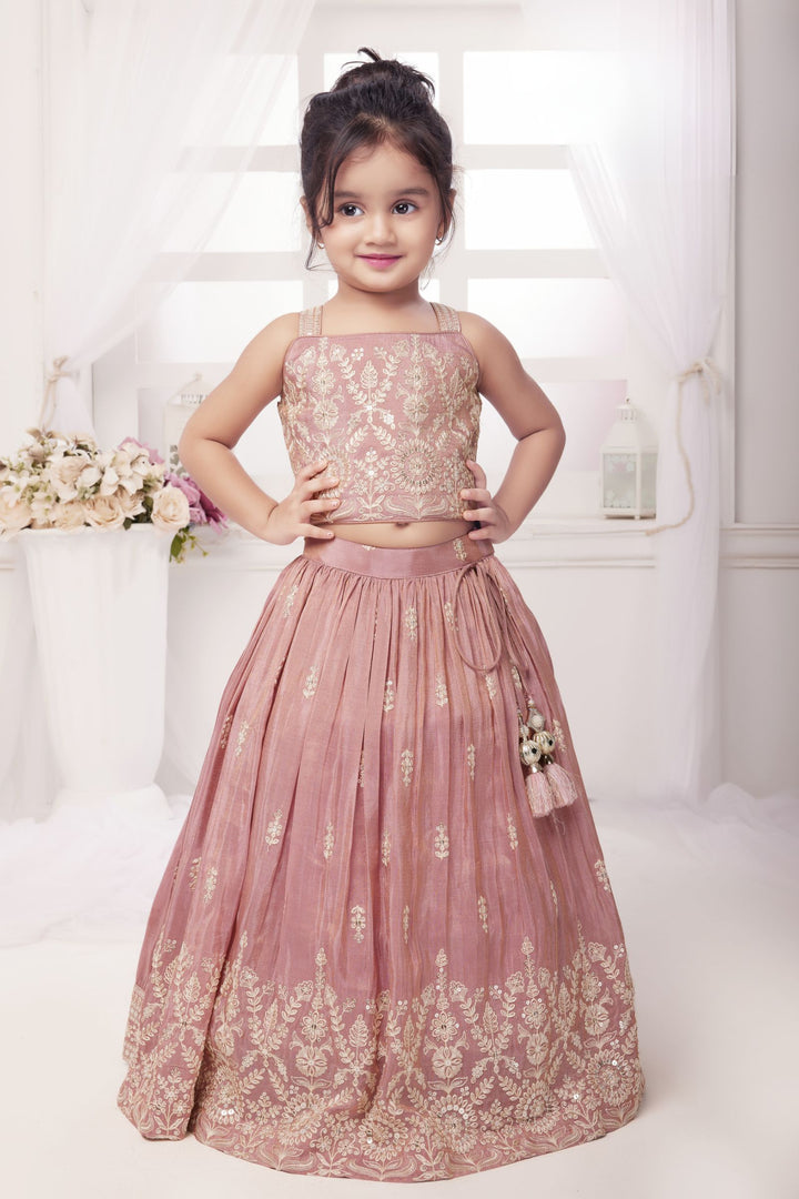 Light Onion Pink Thread, Sequins and Zari work Lehenga Choli for Girls