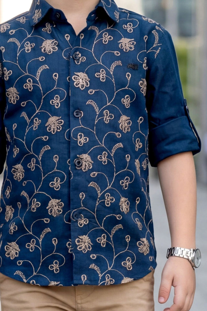 Blue Embroidery work Shirt and Brown Pant Set for Boys