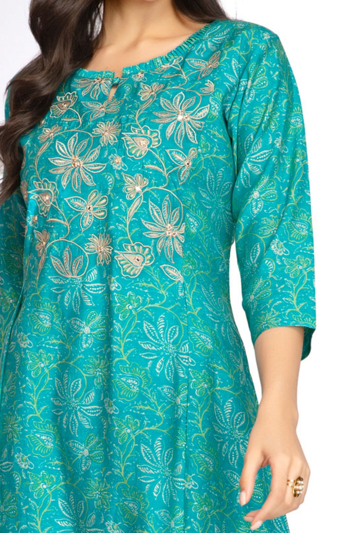 Sky Blue Mirror and Thread work with Digital Print A-Line Cut Calf Length Kurti