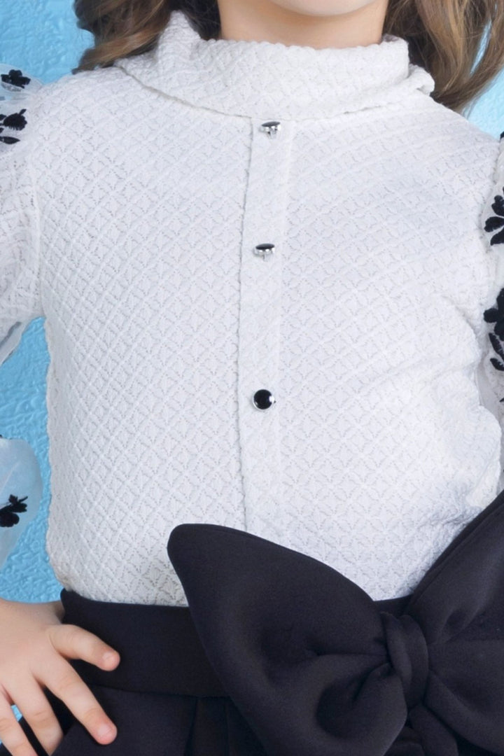 White with Black Velvet Embroidery work Top and Skirt for Girls