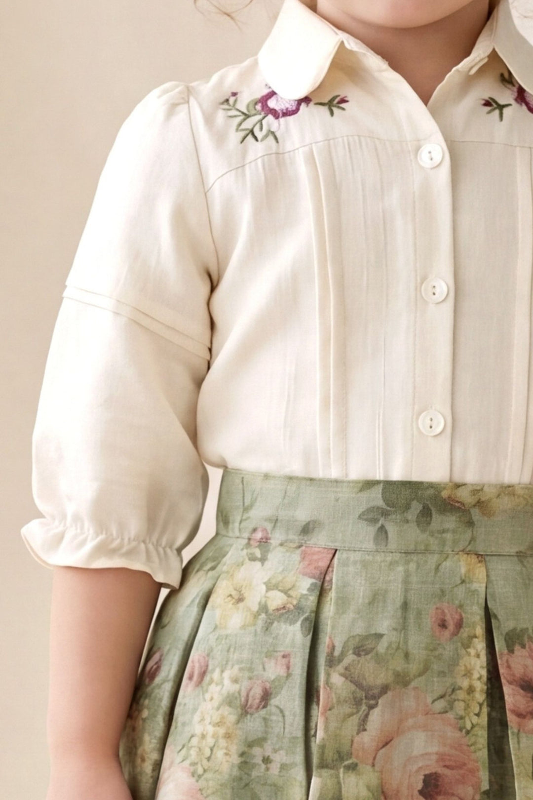 Green Floral Skirt and Beige Embroidered Shirt Set for Girls