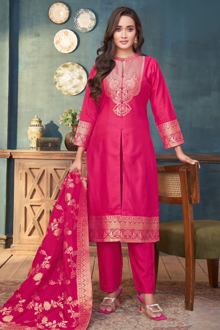 Rani Pink Straight Cut Salwar Suit with Stone, Mirror and Banaras work